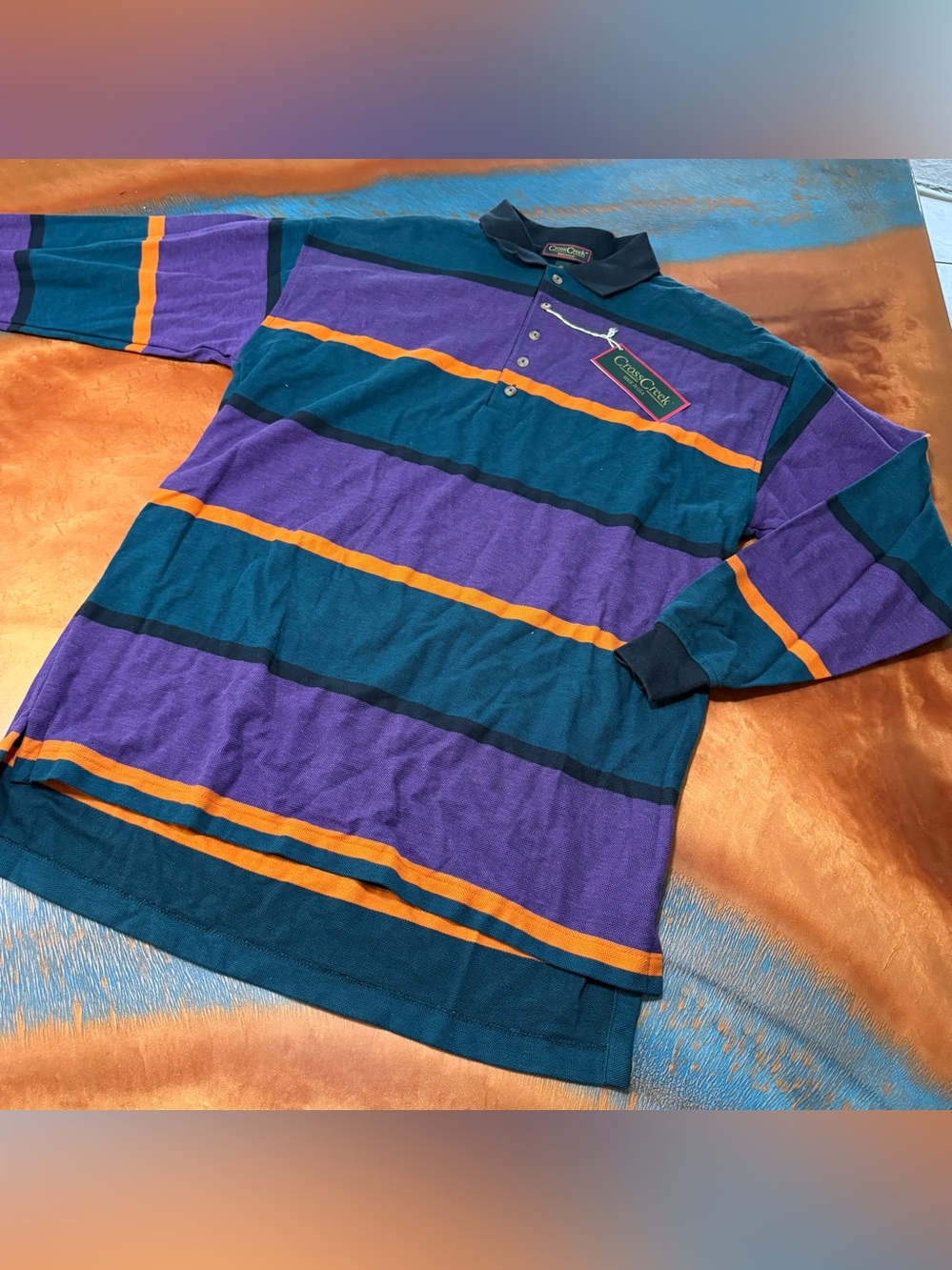 VTG 90s Cross Creek Long Sleeve Striped Polo Shirt Made In USA Deadstock L